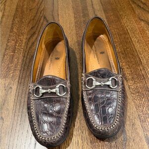 Martin Dingman Crocodile Pattern Brown Loafers with Silver Accents